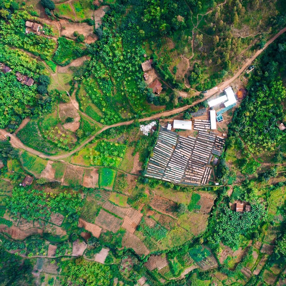 Bumbogu washing station, as seen from the sky in Northern Province, Rwanda.
